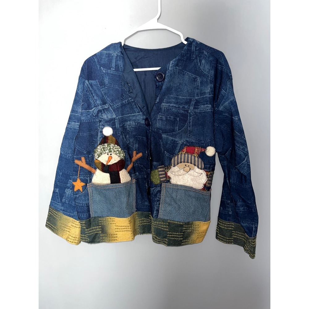 Denim Jacket Patchwork Snowman Santa Holiday Christmas Jean Coat